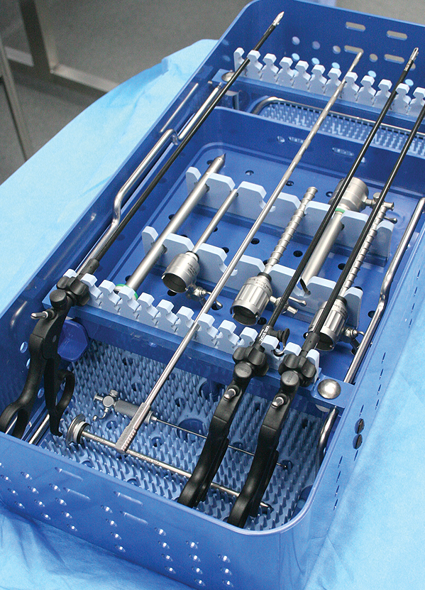 Some of the instrumentation required to perform a laparoscopic ovariectomy