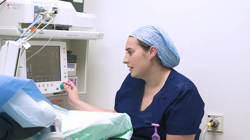 nurse wearing scrubs reviewing stats on a screen